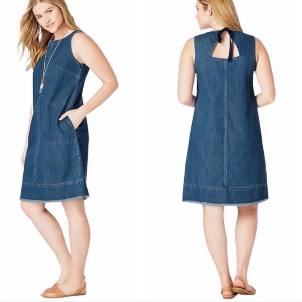 J. Jill Dress Denim Fringe Hem Sleeveless Shift Back Bow Patch Pocket Utility XS